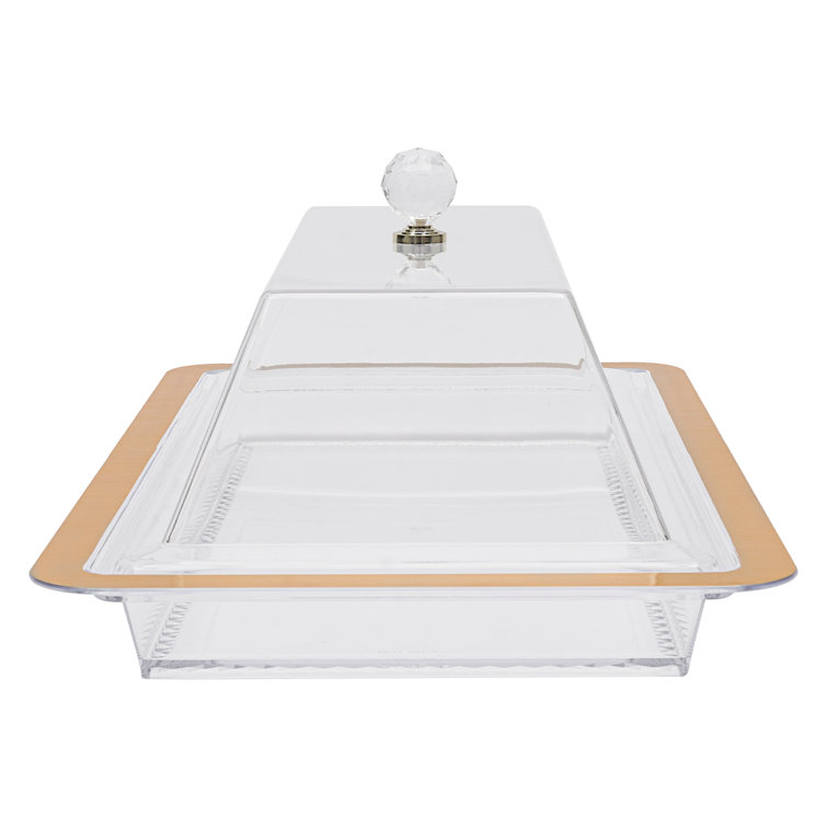 Micaella Acrylic Cake Stand Serving Tray Wedding Party Dessert Plate with Lid Mercer41 Color: Clear/Golden