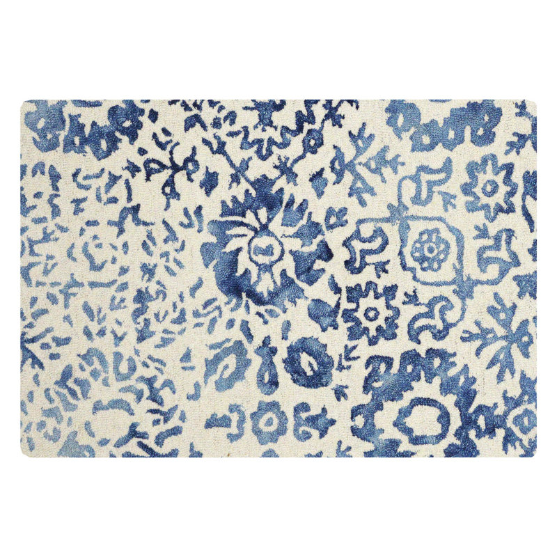 Tapis bleu marine / beige en laine touffeté à la main Florals Batik, Rectangle 2 pi x 3 pi