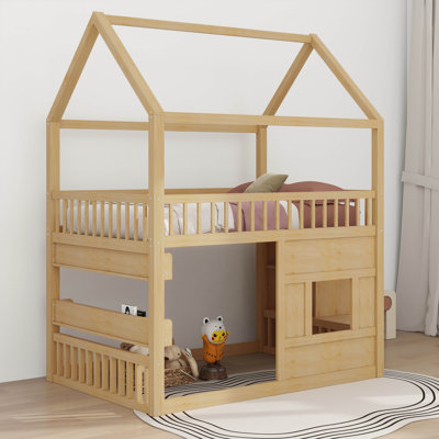 Full Size House Loft Bed With Bookshelf & Shelf & LED ,Wooden House Bed Frame With Storage Staircase