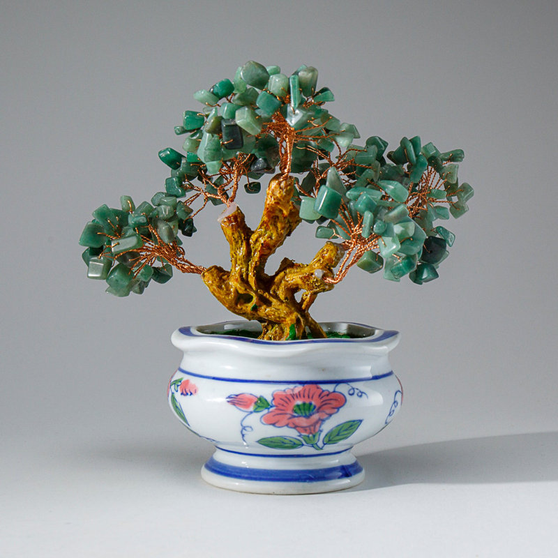 Genuine Green Aventurine Gemstone Bonsai Tree in Round Ceramic Pot (7")