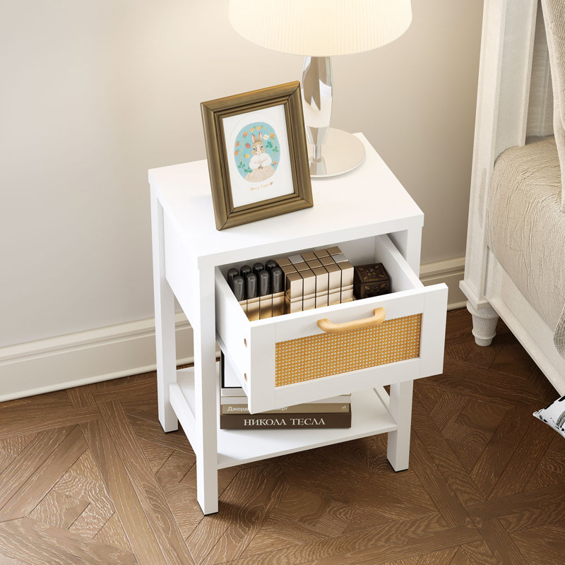 Cattaleya 15.2" Wide Modern 1-Drawer Nightstand With Boho-Inspired Plastic Rattan Drawer, Individual