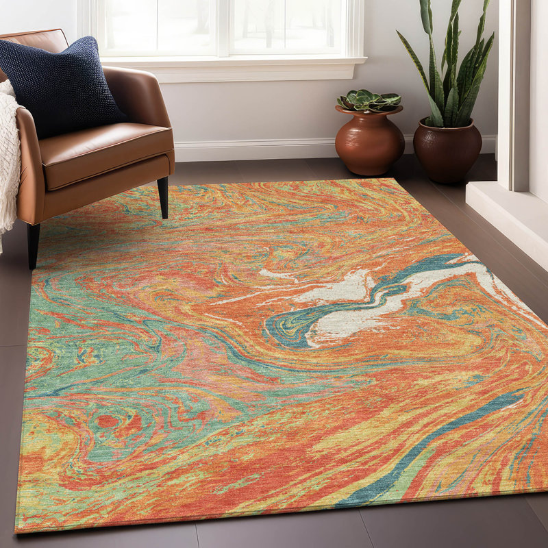 Malika Orange Washable Indoor-Outdoor Rug - , 5' x 7'6"