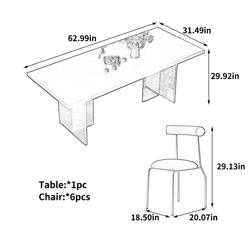 Stylish Luxury Dining Table, 29.92" H x 62.99" W x 31.49" D, 7 Pieces: Table, 6 Chairs