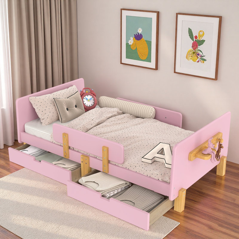 Lit plateforme avec tiroirs de rangement, garde-corps, petite tablette et crochets, Lit simple, Rose