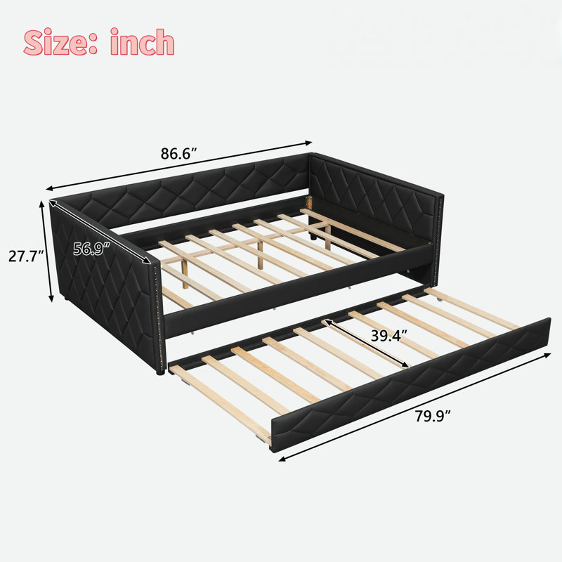 Upholstered Daybed With Trundle And Led, Black