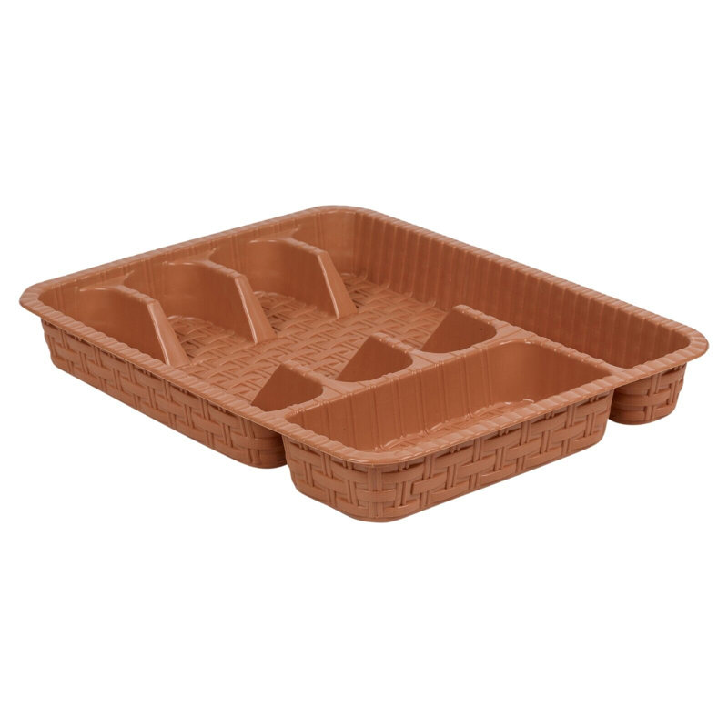 Beige Plastic Woven Rattan Cutlery Utensils Holder Flatware Drawer 5 Section Organiser, Cappuccino