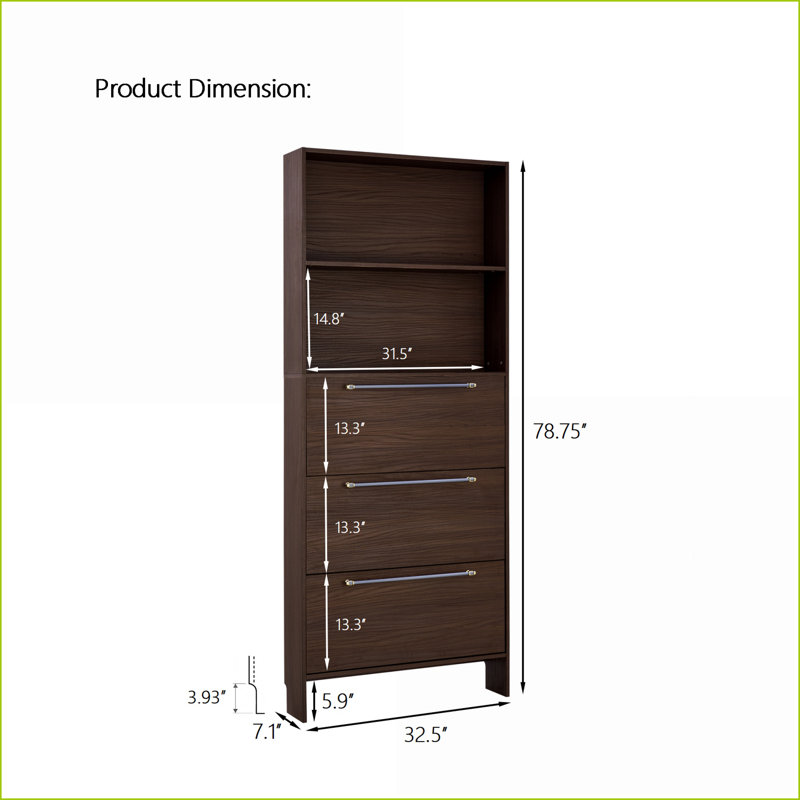 Range-chaussures avec 3 tiroirs rabattables Rangement supérieur, maison de campagne moderne étroite en noyer foncé de 78,75 po de hauteur | Noyer brun | Couloirs