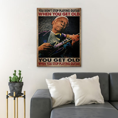 Vieil homme joue de la guitare - «You Don? T Stop Play Guitare», toile tendue avec châssis - Illustration musicale, décor de salon noir et brun