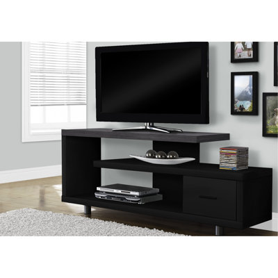 Meuble télé 60 po, rangement multimédia contemporain avec support et plateau, stratifié noir et gris pour ranger des articles, tiroir de 60 po, usage domestique