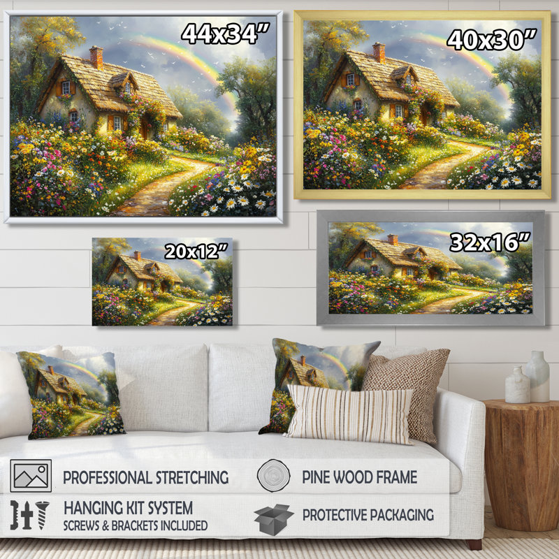 Rainbow Over The Cottage Garden I - Rainbow Wall Art, H 12 po x l 20 po, Cadre flottant blanc