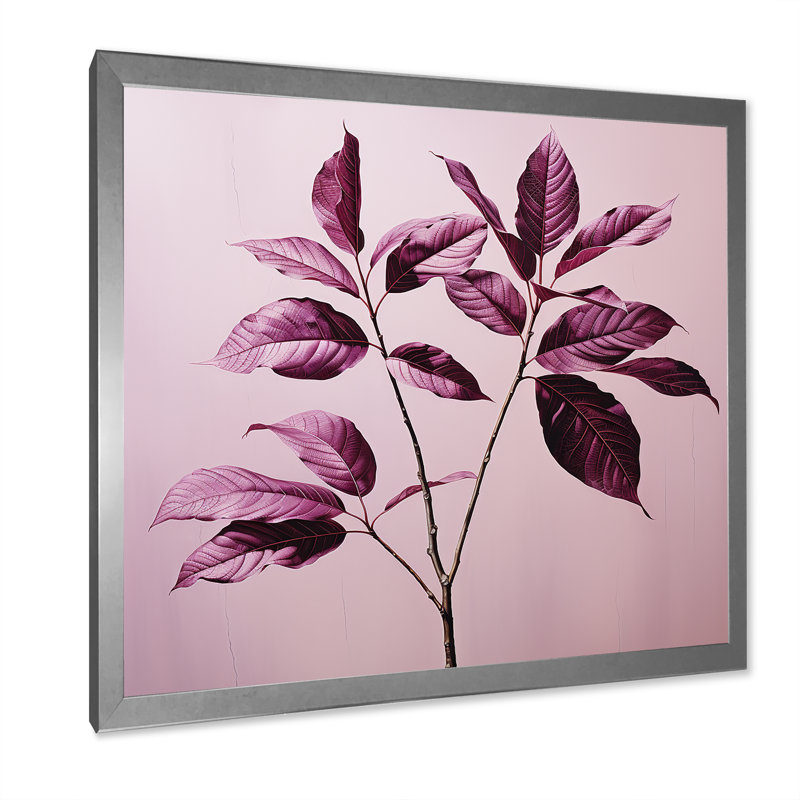 Impression sur toile, feuilles mauves et prune, Cadre simple argenté, H 16 po x l 16 po x P 1 po