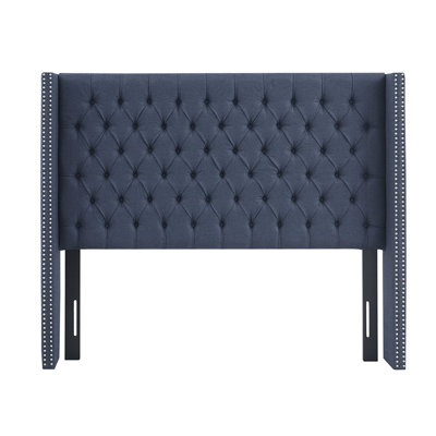 Navy Upholstered Headboard For Queen Bed, Button With Double Nailhead Decoration, Adjustable Metal Legs In Black, Height Of Predrilled Holes From Floor: 39.25" To 45 Tufting And Trim, Upholstery,