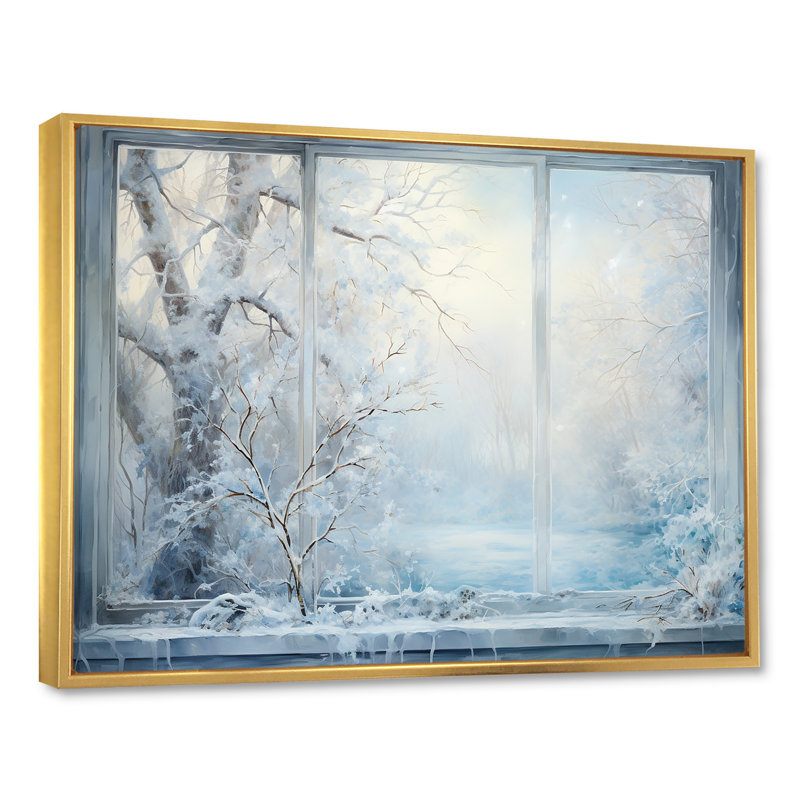 Winter River Window View IV - Winter Landscape Wall Art, Gold Floater Framed, 34" H x 44" W x 1.5" D