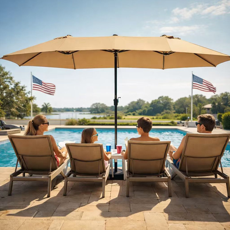 Kozyard 15 FT Double-Sided Rectangular Patio Umbrella, Base Included, Crank Lift Outdoor Patio Umbrella with UV Protection for Backyard, Pool & Garden Beige