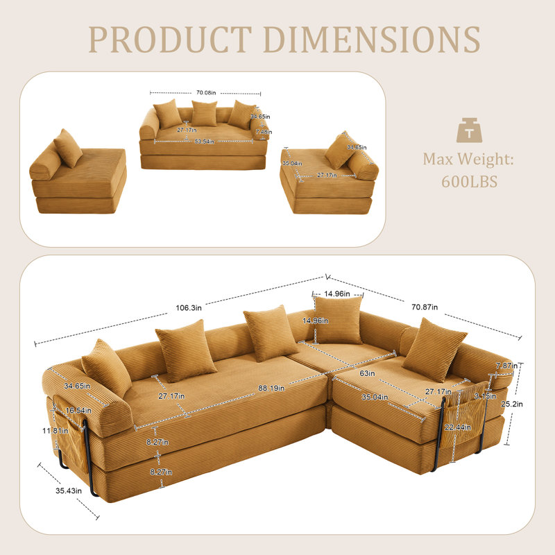 Canapé-lit modulaire convertible en L modulaire de L 106,32 po avec lit escamotable en mousse à mémoire de forme, canapé configurable peu encombrant pour le salon