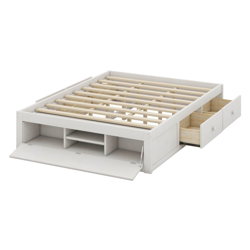 Grand lit en bois massif avec 4 tiroirs de rangement et rangement à levage hydraulique, cadre de lit plateforme sans tête de lit