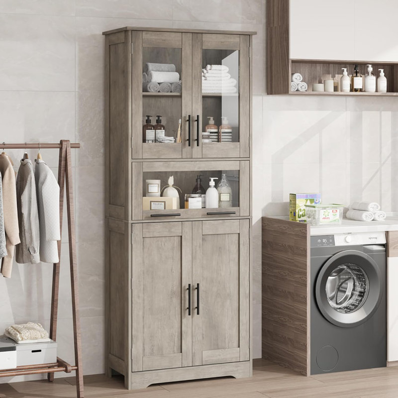Armoire de cuisine de 67 po de hauteur, armoire de salle de bain avec portes en verre et tablette réglable, Natural