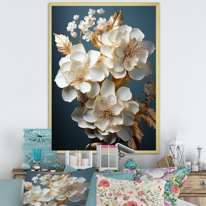 Décoration murale hortensia baroque blanc et or I - Hortensia, H 20 po x l 12 po x P 1 po, Cadre doré simple