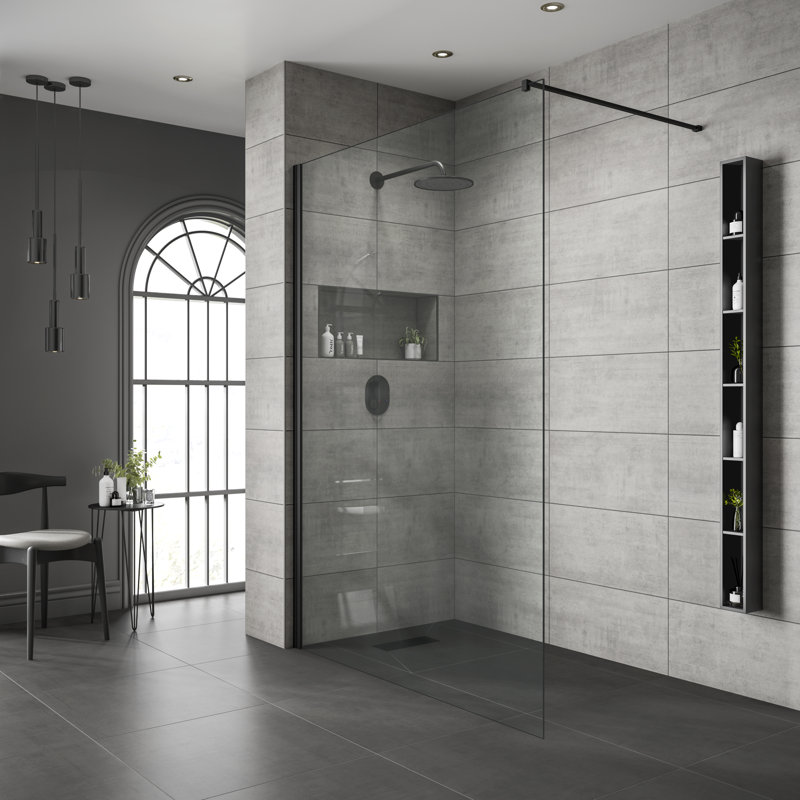 Semi-Frameless Wet Room Glass Screens with Clear Glass, Black, 200cm H x 80cm W
