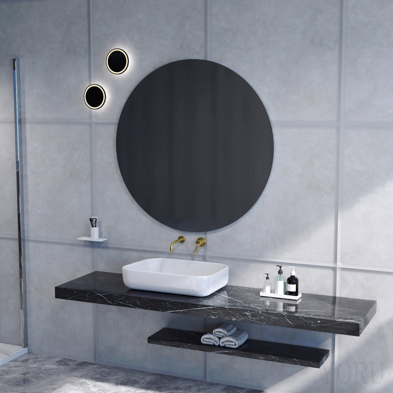 Miroir de salle de bain 70 cm, miroir rond, panneau blanc mat