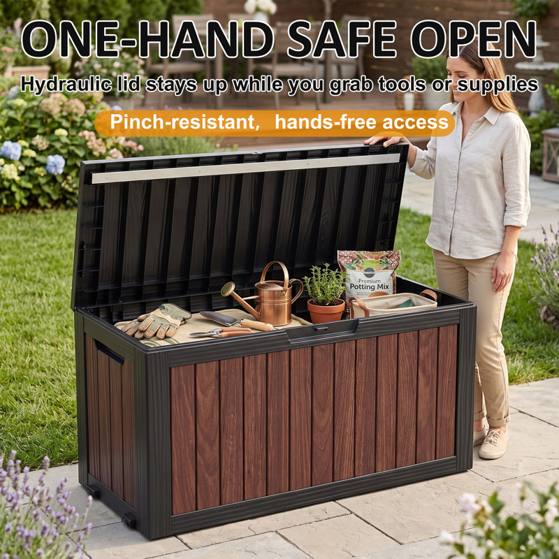 100 Gallon Resin Deck Box, Cognac Walnut Wood‑Look Polypropylene Outdoor Storage Box