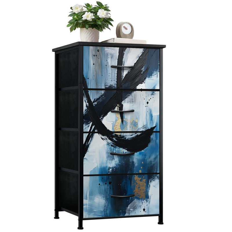 Commode pour la chambre à coucher avec 4 tiroirs de rangement Abstrait noir et blanc Graffiti Lines Contemporary Bold Black Curves Commode Commode en acier avec cadre de placard