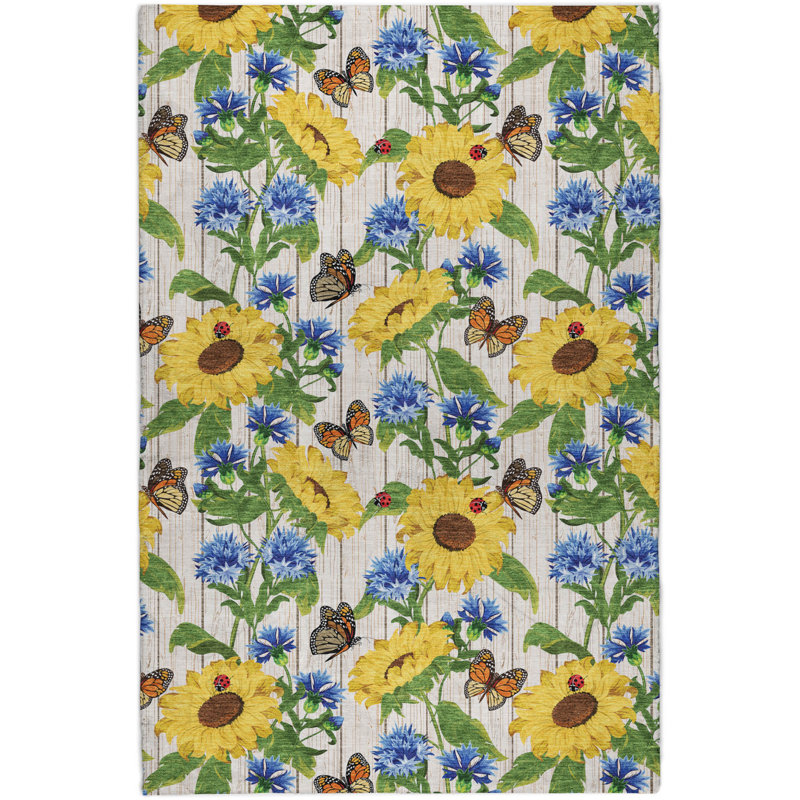 Premium Machine Washable Dream Shag Sunflowers/Butterflies Rug, 10' x 14'