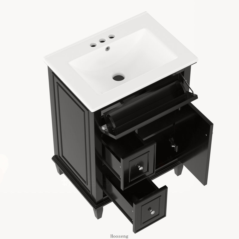 Meuble-lavabo autoportant de 24 po avec comptoir d'évier, armoire en bois massif et panneau de fibres à densité moyenne avec 1 tiroir rabattable et 2 tiroirs, tablette réglable, noir