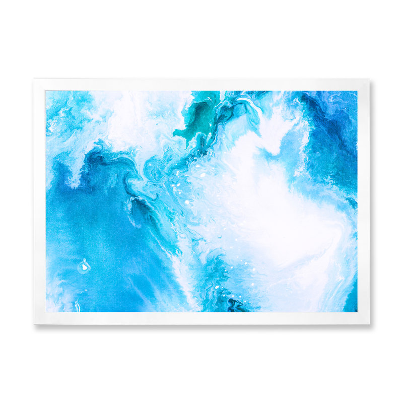 Liquide en bleu clair et turquoise II - Peinture sur toile, H 31,5 po x l 41,5 po, Cadre blanc