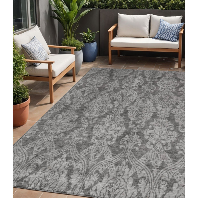 Tapis intérieur lavable damassé gris et étain 5 pi x 8 pi