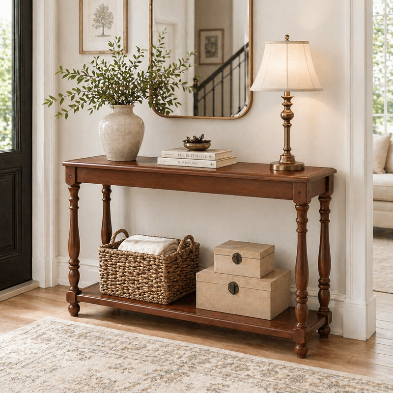 50 Inch French Vintage Narrow Console Table, 2-Tier Traditional Solid Wood Entryway Table With Roman Legs, Rectangular Accent Couch Table Behind Sofa, Dark Brown