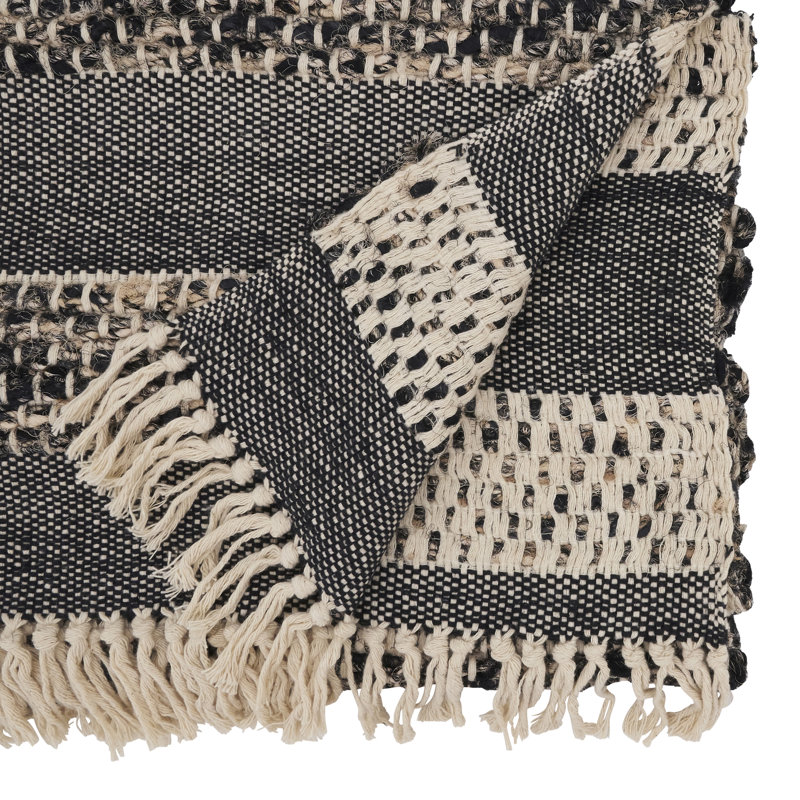 Black and Beige Cotton Tassel Trimmed Striped Table Runner