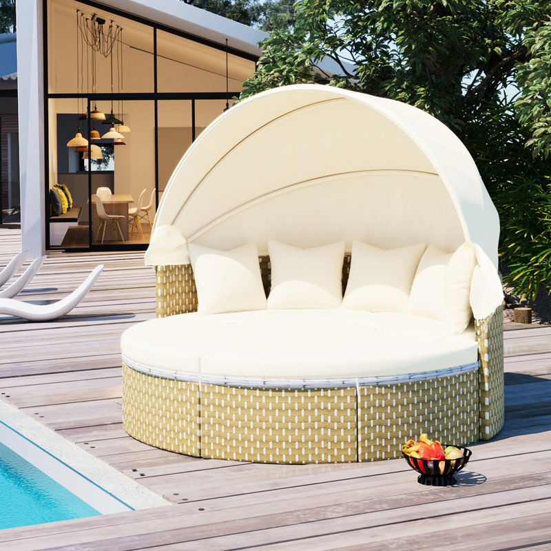 Lit de jour toutes saisons avec housses lavables et canapé modulaire beige réglable pour les loisirs de plein air, auvent rétractable, table, structure stable