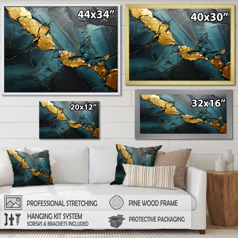 Décoration murale en marbre Aura II doré et vert, Cadre d'angle fermé noir, H 12 po x l 20 po x P 1 po