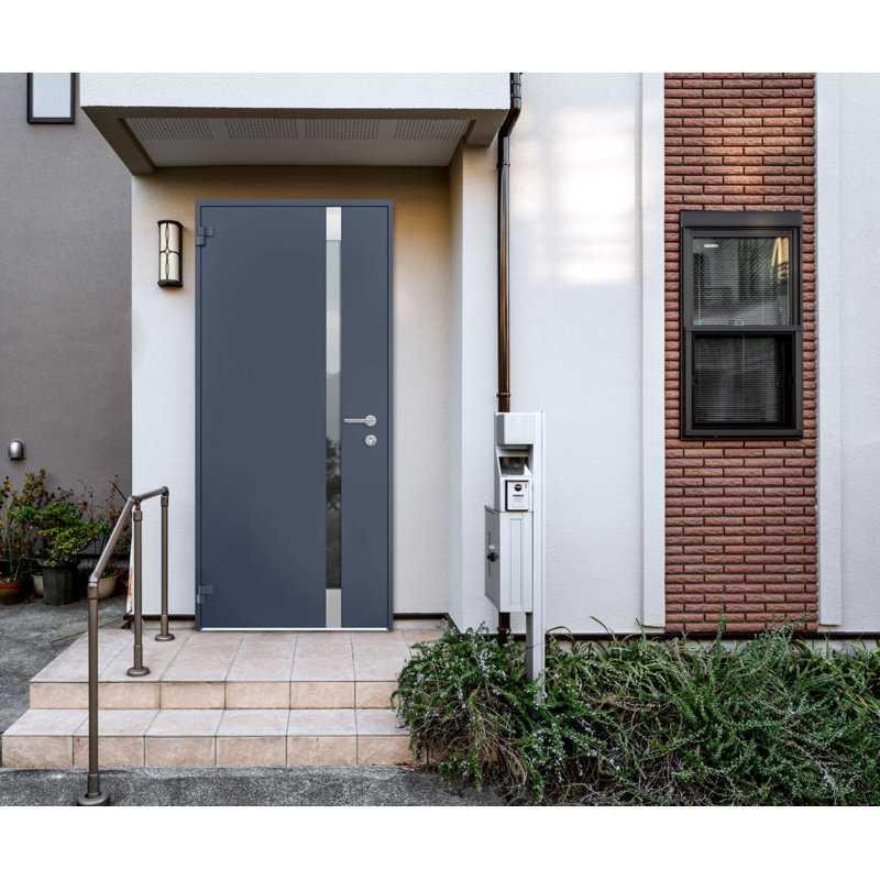 Porte d'entrée extérieure prémontée en acier Cynex 6777, inserts en acier inoxydable gris, style moderne, peint, largeur 81 cm x hauteur 203 cm, ouverture à droite vers l'intérieur.