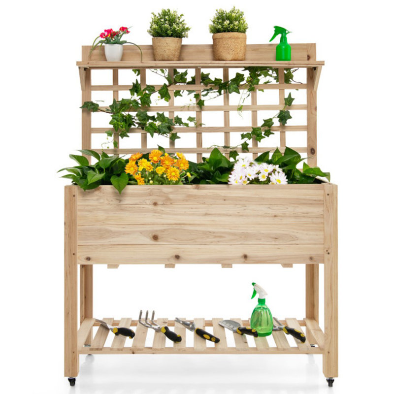 Lit de jardin surélevé en bois avec roulettes et étagère de rangement