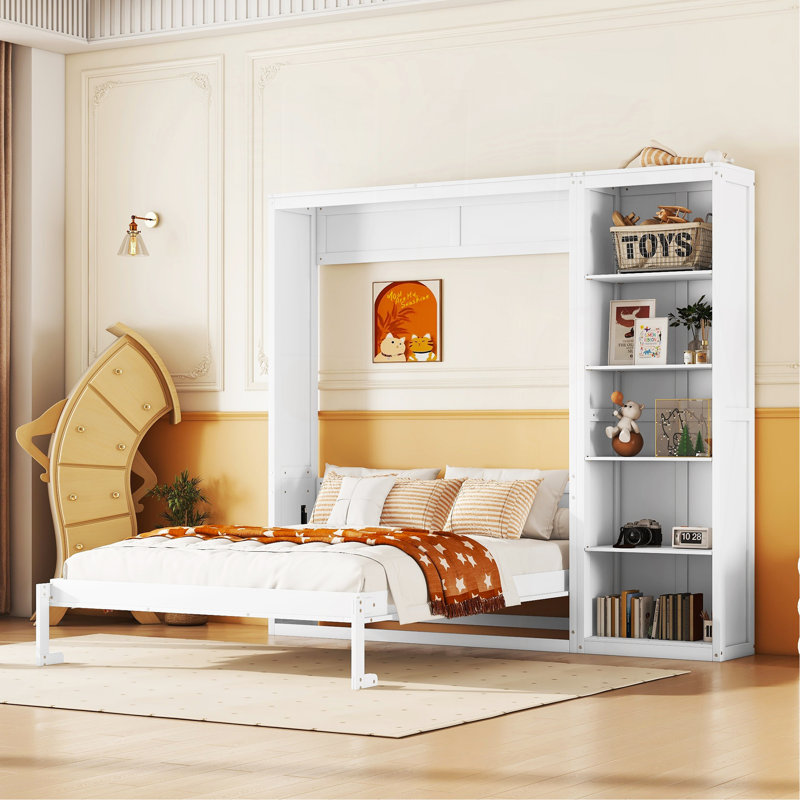 Lit escamotable double pleine grandeur avec tablettes, blanc, Lit double
