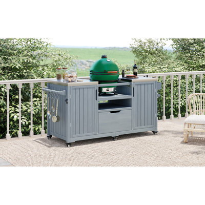 Îlot de cuisine extérieur de 66,5 po pour grands œufs verts, chariot de barbecue en bois massif pour barbecue de table avec plateau en acier inoxydable, tiroir, compatible avec un grand œuf vert, Kamado Joe - gris-bleu