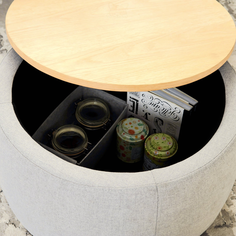 Repose-pieds rond avec rangement Dariyan, Light Gray Linen