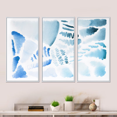 «Retro Elements In Blue And Green II», peinture sur toile flottante 3 pièces