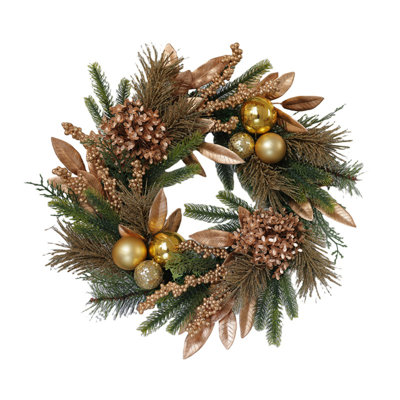 17,72 pouces couronne de porte de Noël, couronnes de pin pour porte d'entrée avec boule dorée feuille scintillante, tiges, pommes de pin, baies pour décorations de Noël, fenêtre murale, intérieur, extérieur, décoration