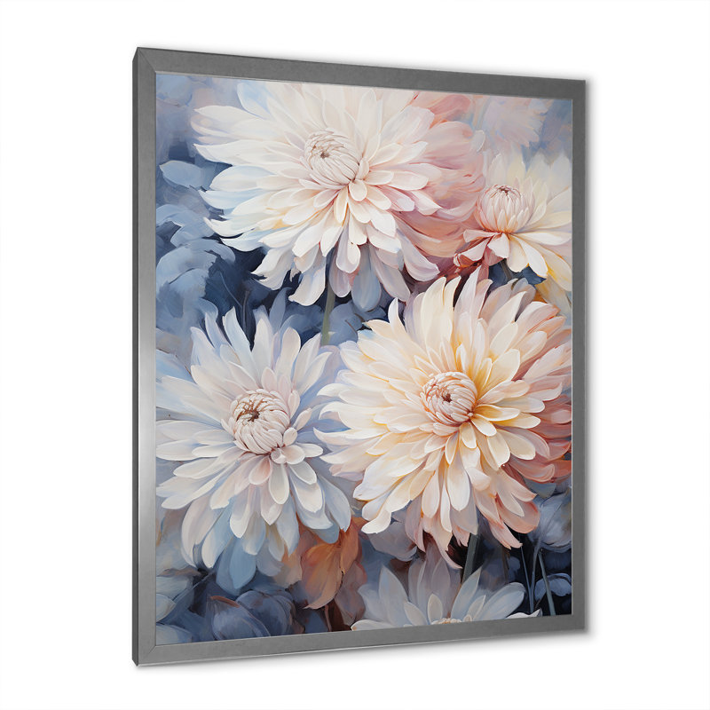 «White and Pink Mums Flowers Elegance», reproduction sur toile, Cadre simple argenté, H 32 po x l 24 po x P 1 po