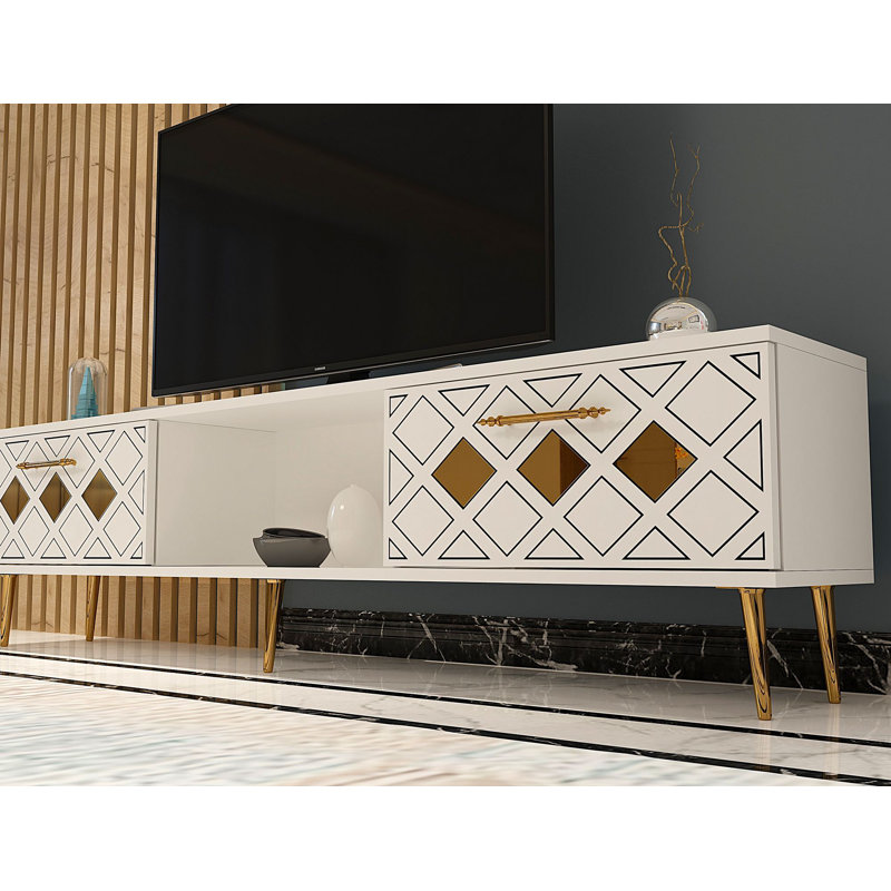 Modern TV Stand with Wall-Mount Option, White & Silver, 59.1 x 15.9 x 11.6 inches | 100% Melamine Coated Particle Board, Thickness: 0.7 inches | Stylish Geometric Design, Perfect for Contemporary Living Spaces