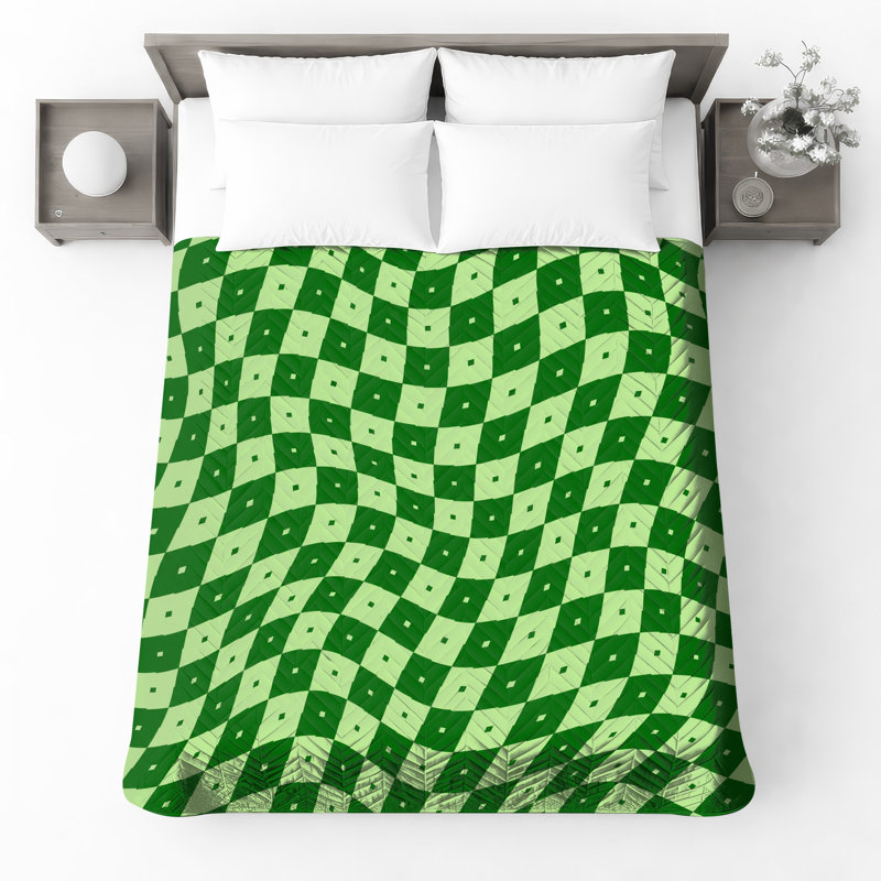 Green Wavy Checkered Quilted Bedspread All Sizes, Twin