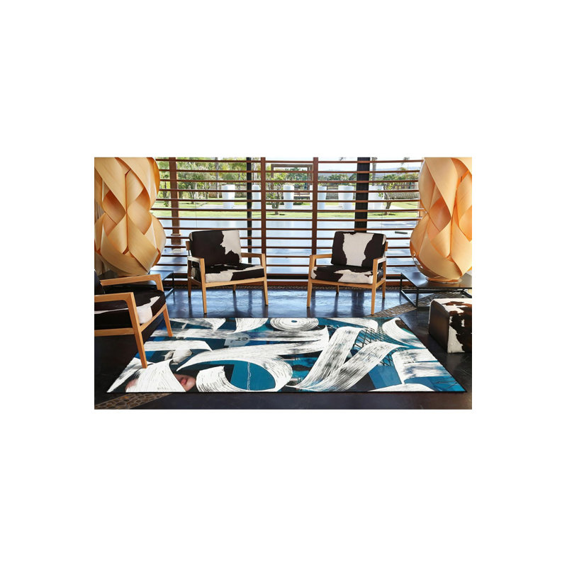 Tapis décoratif moderne bleu et crème lavable à la machine, Rectangle 3 pi 11 po x 5 pi 11 po