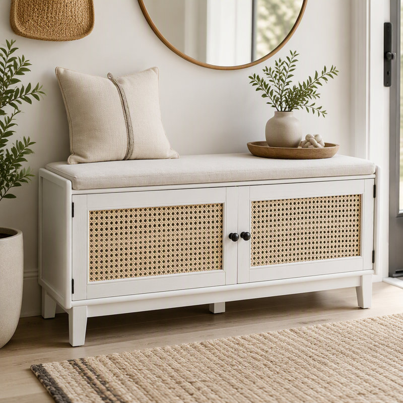Banc en rotin avec rangement pour chaussures Boho, Beige, blanc