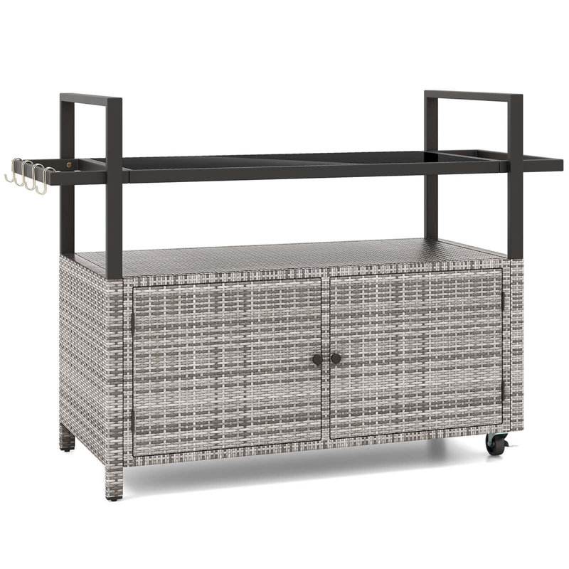 Outdoor Bar Cart With Tempered Glass Top Storage Cabinet & 8 Hooks For Porch, Grey