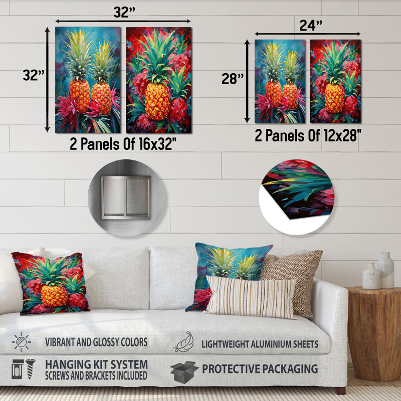 Oasis tropicale - ensemble de 3 reproductions d'art mural en métal ananas, H 32 po x l 32 po