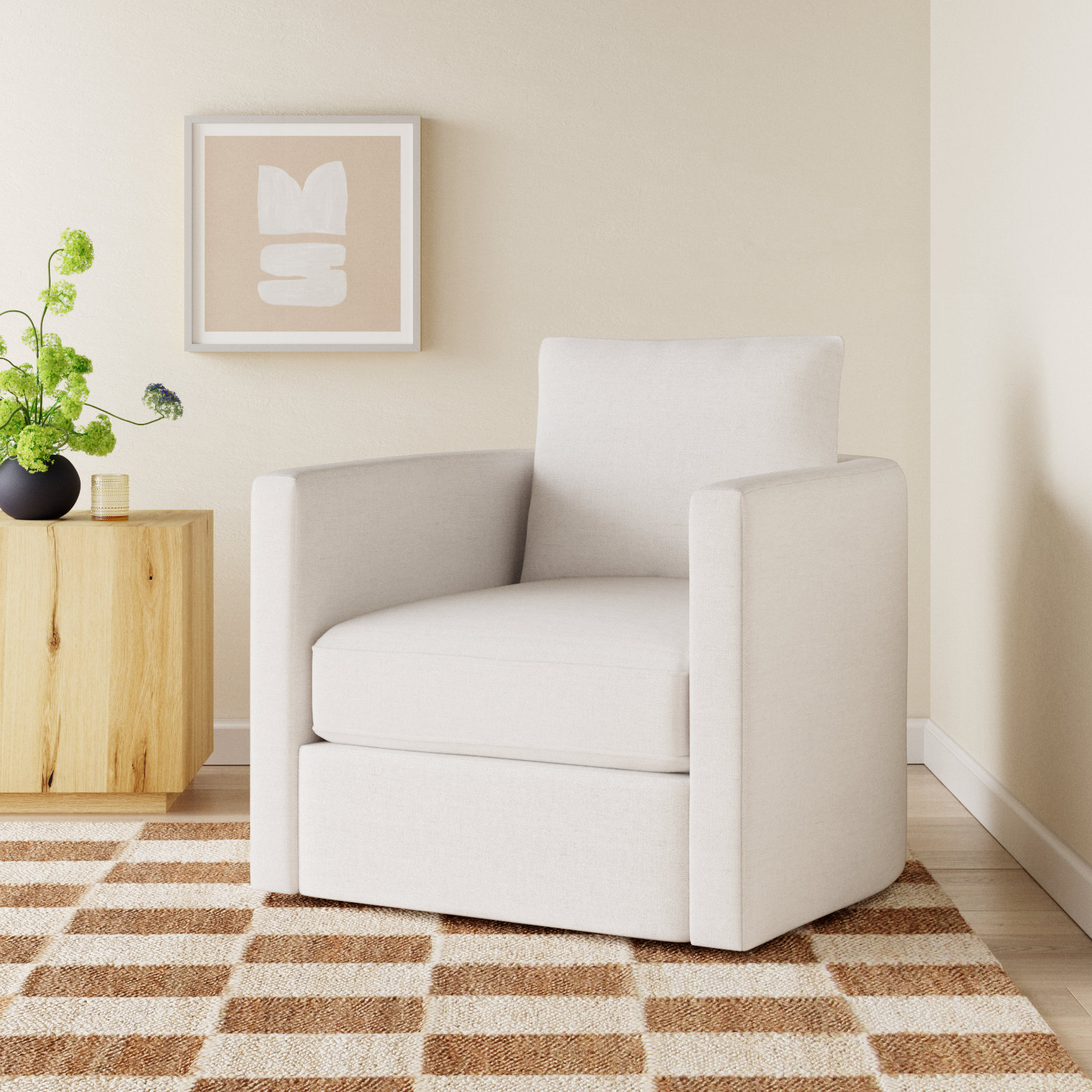 Carmella Upholstered Swivel Barrel Chair, Nomad Snow Crypton® Chenille