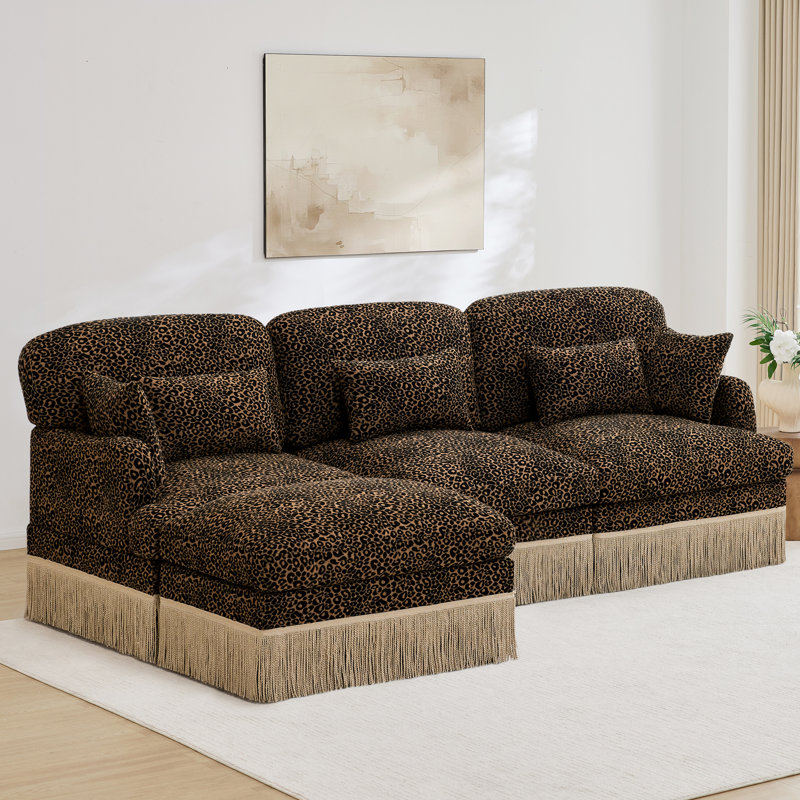 Canapé modulaire en chenille de 100 pouces en forme de L avec imprimé léopard, repose-pieds mobile, support ergonomique, siège profond et assemblage sans outil.